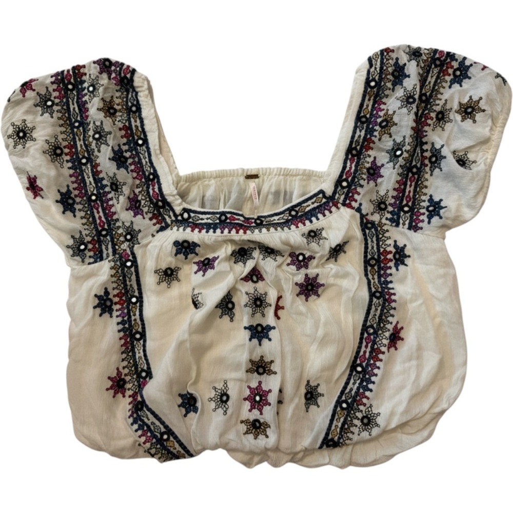 Free People Aurura  Embroidered Mirror Peasant Top White‎ Boho Crop Blouse Small